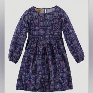 Wrangler Western Print Girls Peasant Long Sleeve Rayon Dress Pink Blue